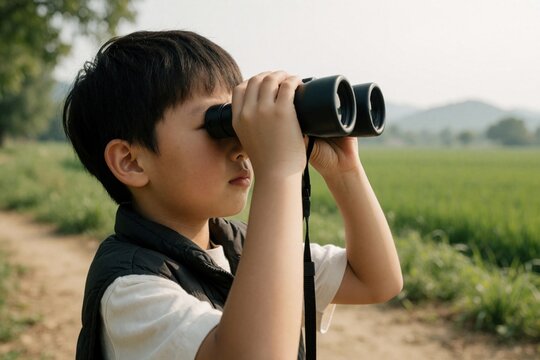 Little Asian boy uses black binoculars to watch birds in green field. Young child explores nature during summer outdoor trip. Curious boy looks far distance in park, discovering wildlife, plants.