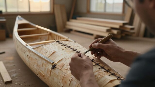 Skilled artisan meticulously shapes wooden canoe using traditional hand tools in sunlit workshop.