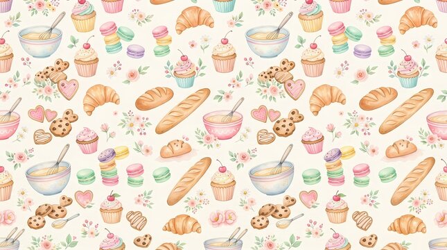 Watercolor bakery pattern with croissants, baguettes, cupcakes and cookies on white background