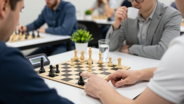 A focused player makes a strategic move in a competitive chess match and immediately presses the digital chess clock to record his turn.