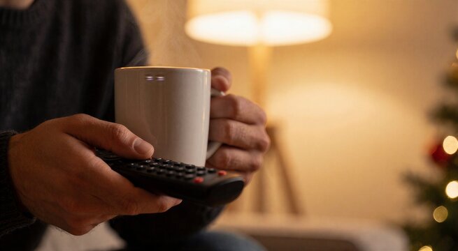 Man holding a mug and remote while watching a Christmas movie, captured in warm, cozy indoor lighting.