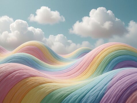 Abstract pastel rainbow landscape with rolling hills, soft wavy layers in pastel colors. Fluffy white clouds drift across a pale blue sky above the gentle, dreamlike terrain.