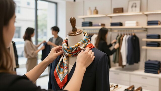 A clothing boutique assistant carefully drapes a colorful patterned scarf around a mannequin wearing a tailored blazer, with shoppers browsing racks of apparel in the background.