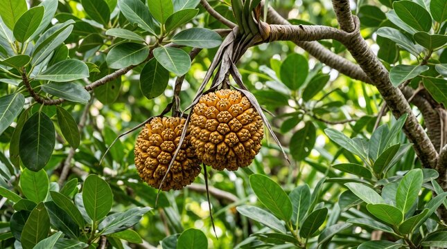 Pandanus fruit growing on tree branch in tropical jungle with green leaves background.