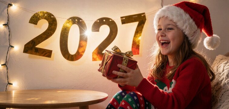 Joyful 8-year-old girl celebrating the countdown to midnight on Christmas, holding a wrapped gift against a glowing 2027 banner.