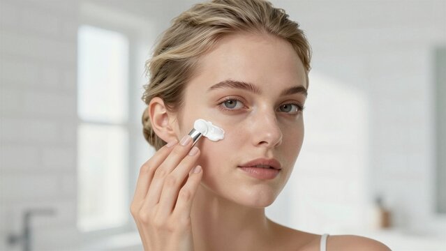 A woman gently applies skincare cream with a roller on her cheek in a bright, clean bathroom setting.