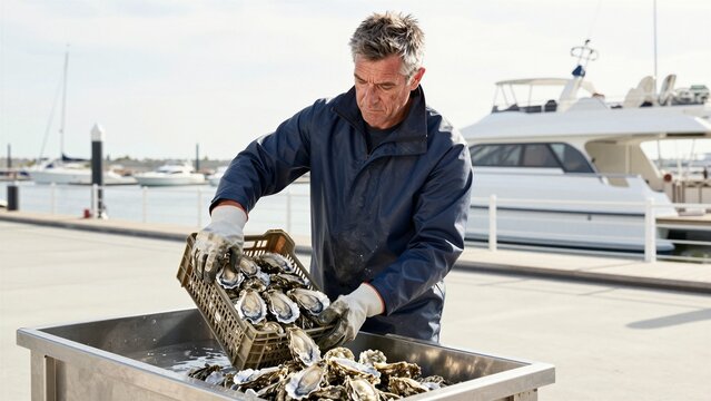 A fisherman carefully empties a crate of open-shell oysters into a water-filled bin on a sunny dock with boats in the background.