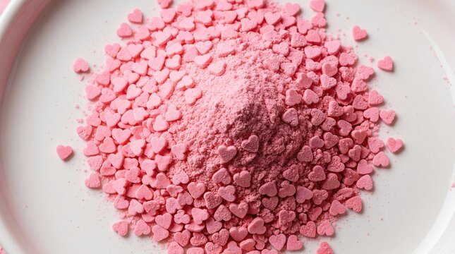 Pile of small pink heart sprinkles and powder on white plate. Sweet decoration for desserts or baked goods. Macro shot shows sugary texture.