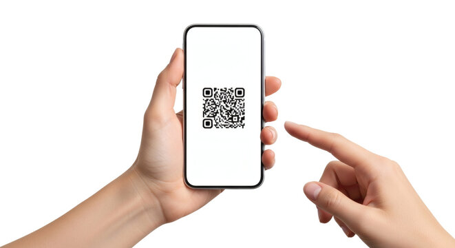 Close-up of a woman's hands holding a modern smartphone displaying a QR code on its blank screen, with a finger about to touch it, for scanning and digital interaction.