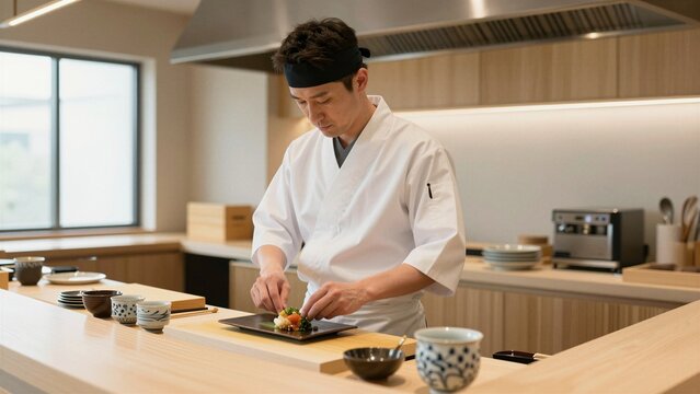 A focused Japanese chef prepares a delicate sushi dish with precision on a wooden counter, surrounded by traditional ceramic bowls and minimalist decor.