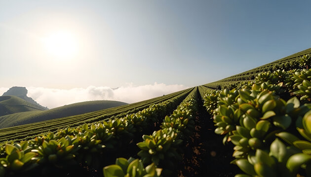 Sunlit rows of green crops on rolling hills with misty clouds