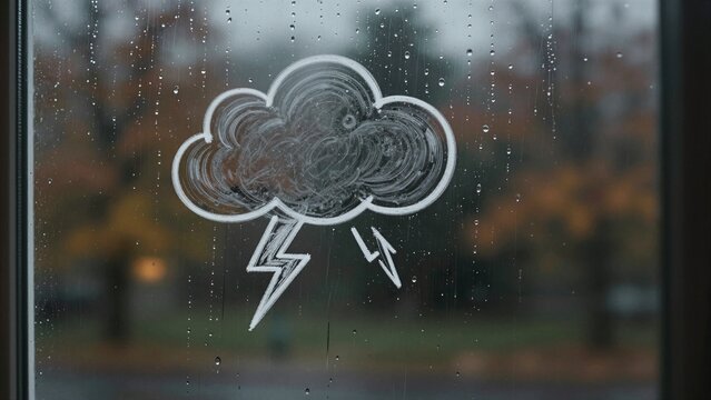 A child's chalk drawing of a stormy cloud with lightning bolts on a rain-splattered glass window.