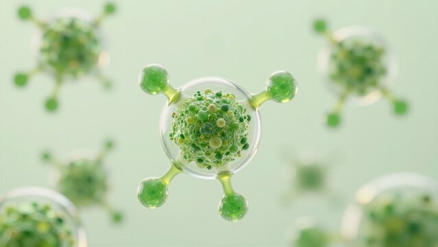 Floating green abstract molecules with spherical cores and branching arms, rendered in a serene pastel environment.