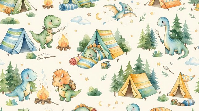 Seamless pattern with cute watercolor dinosaurs camping in forest with tents and campfires