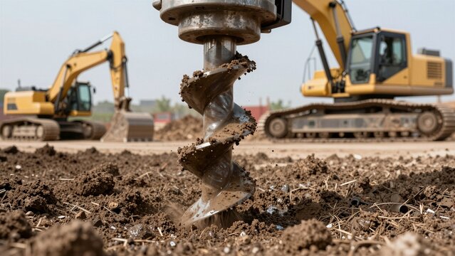 A powerful mechanical earth auger drills deep into muddy soil at a construction site with excavators in background.