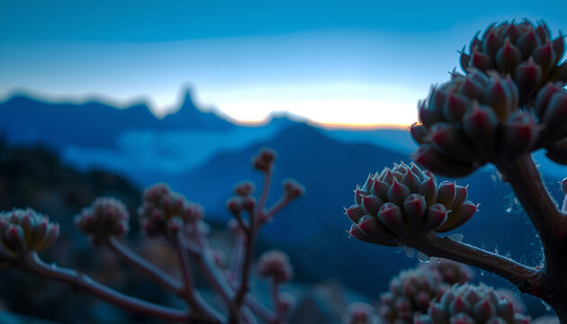 Morning dew on succulents against blue mountain dawn