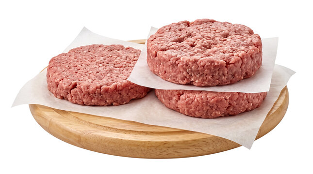 Raw beef burger patties stacked on wooden board with parchment paper for grilling barbecue preparation. High quality ground meat shaped into round burger discs.
