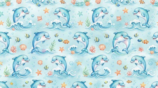 Cute watercolor dolphin pattern with sea life elements for nursery and textile design