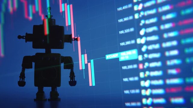 A dynamic timelapse video featuring fast moving stock market candlestick charts blended with a cute robot silhouette, representing artificial intelligence in trading, automated finance, and future mar