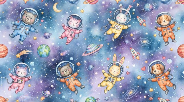 Seamless pattern with cute watercolor animals in space suits floating in the galaxy.