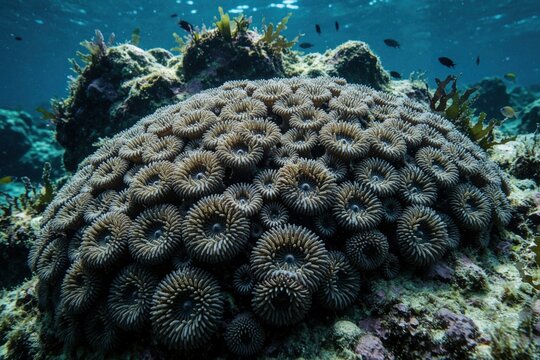 Macro view of Zooanthid coral colony underwater. Small polyps with tentacles grow together on reef seabed. Marine life thrives in blue ocean water near tropical sea plants. Beautiful colorful sea