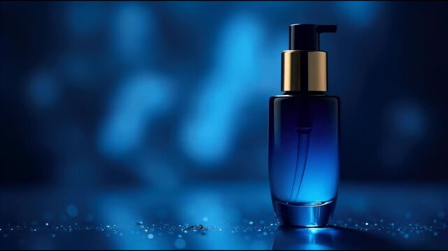A bottle of blue liquid on a blue surface