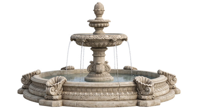 Classic marble garden fountain with cascading water on transparent background serves as exquisite architectural element for landscape design and park render projects.