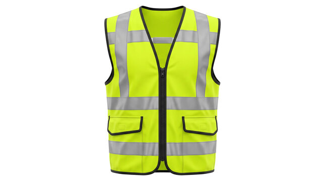 High visibility yellow safety vest with silver reflective strips and zipper pockets for construction workers security and municipal road crews protective gear.