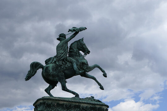 Archduke Charles Equestrian Monument under Dramatic Sky in Vienna, Austria. 
