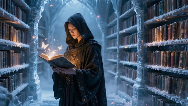 A hooded mage reads a glowing book that releases magical butterflies, standing alone in an icy library filled with towering shelves of enchanted tomes.
