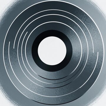 Abstract circular saw blade design with spiral pattern. Metallic grey texture forms hypnotic vortex shape. Futuristic blue tech background features concentric rings, digital wave elements. Modern