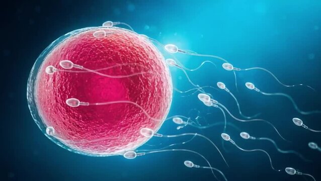 Large human egg fills the left side as sperm cells approach across a blue background. IVF scene represents fertilization, reproductive medicine, female health, infertility care and embryology studies.