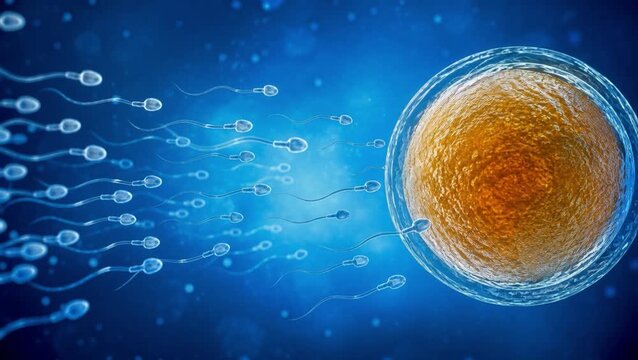 Human sperm cells swim toward a large egg cell in a blue IVF fertilization scene. Reproductive medicine image represents conception, infertility treatment, embryology, diagnostics and medical studies.