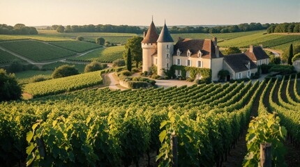 Naklejka premium French chateau estate surrounded by green vineyard fields. Idyllic countryside landscape with rows of grape plants under warm sunlight. Scenic rural tourism destination.