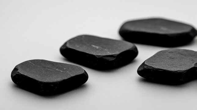 Collection of black irregular volcanic stones on white background. Dark natural rocks lie in diagonal line. Minimalist composition features smooth charcoal grey pebbles. Simple organic shapes create