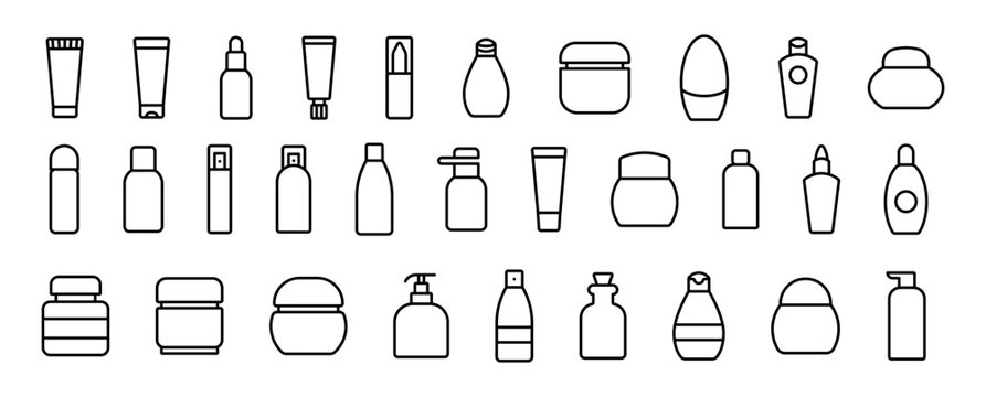 Cosmetic Packaging Icons Set. Beauty, makeup outline vector icons set