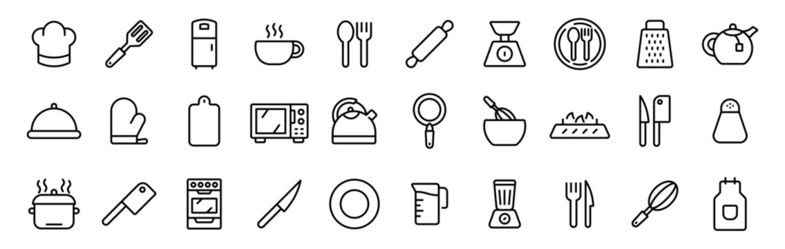 Kitchenware cooking tools line icon set. Kitchen utensils appliances icons collection