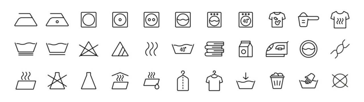 Laundry care line icon set. Washing drying ironing clothing care icons collection