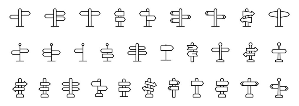 Signpost direction line icon set. Wayfinding navigation road sign symbols collection
