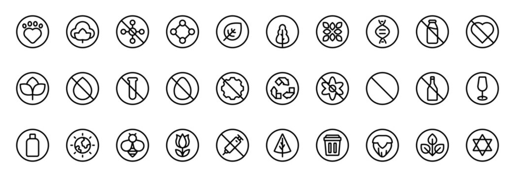 Certification labels line icon set. Quality guarantee eco organic symbols collection
