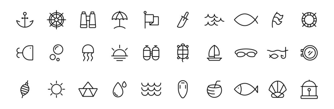 Nautical marine line icon set. Sea ocean beach summer travel icons collection