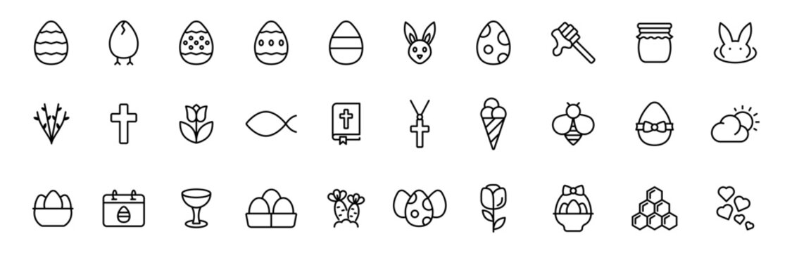 Easter spring line icon set. Holiday celebration Christian religious icons collection