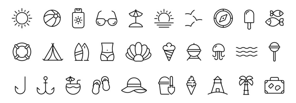 Summer vacation line icon set. Beach travel holiday leisure icons collection