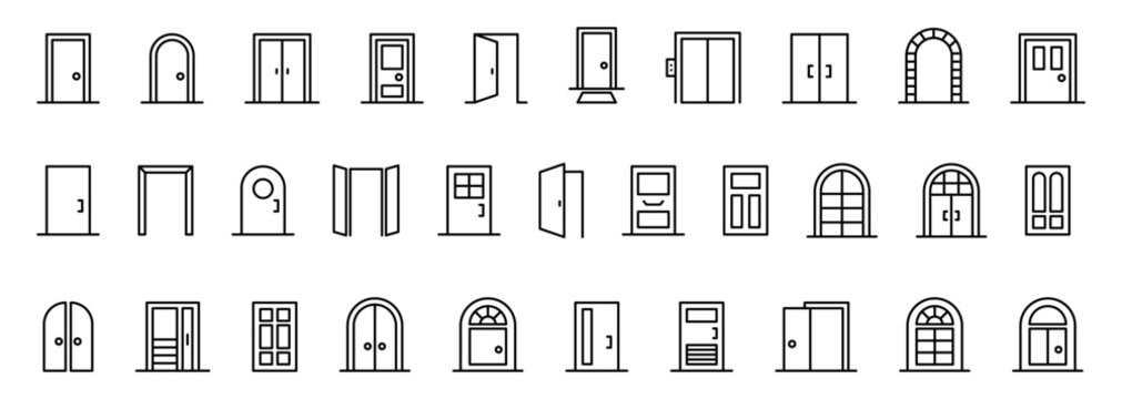 Door Icons Collection. Entry line icons set.