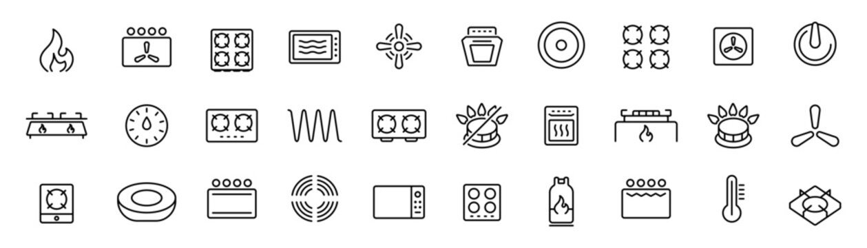 Kitchen appliance line icon set. Cooking stove oven microwave icons collection