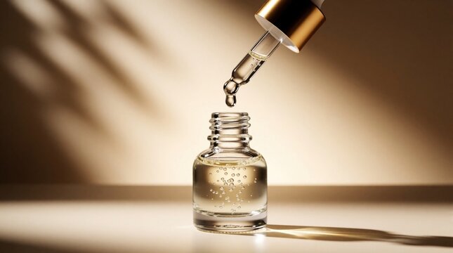 A clear liquid drops from eyedropper into small glass bottle. Product for skin care or drinks. Clean studio background with soft light and shadow.