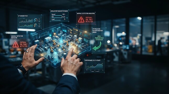 Operations director interacting with holographic digital twin virtual asset replica interface for enterprise real-time physical simulation and IoT-powered predictive performance management solutions.