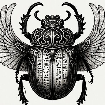 Ornate black scarab illustration with detailed Egyptian hieroglyphs on its shell and filigree patterns. Winged insect art isolated on white background. Ancient mystical symbol.