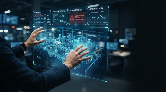 Operations director interacting with holographic digital twin virtual asset replica interface for enterprise real-time physical simulation and IoT-powered predictive performance management solutions.