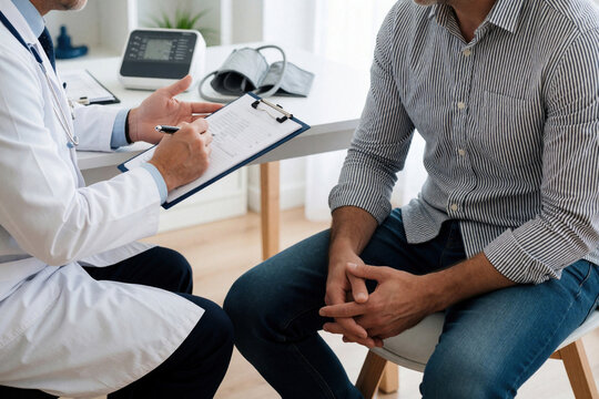 Doctor consults male patient about anal pain and symptoms. Doctor records info on clipboard while patient sits in clinic. Medical examination of discomfort related to health issues.